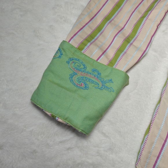Robert Graham Sz‎ S Green Pink Stripe Button Up Cotton Embroidered Flip Cuff - Picture 6 of 7